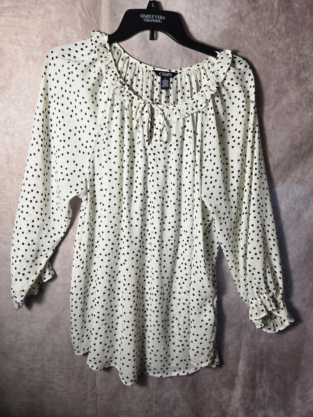 Chaps Cream Polka Dot Ruffle-Neck Peasant Top